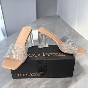 Shoe Dazzle Vela Clear Block Heeled Sandals with Modern Curved Heel Women’s 11